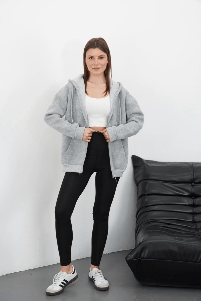 3 iplik şardonlu fermuarlı kapşonlu hırka - ÖZER&HERMİN