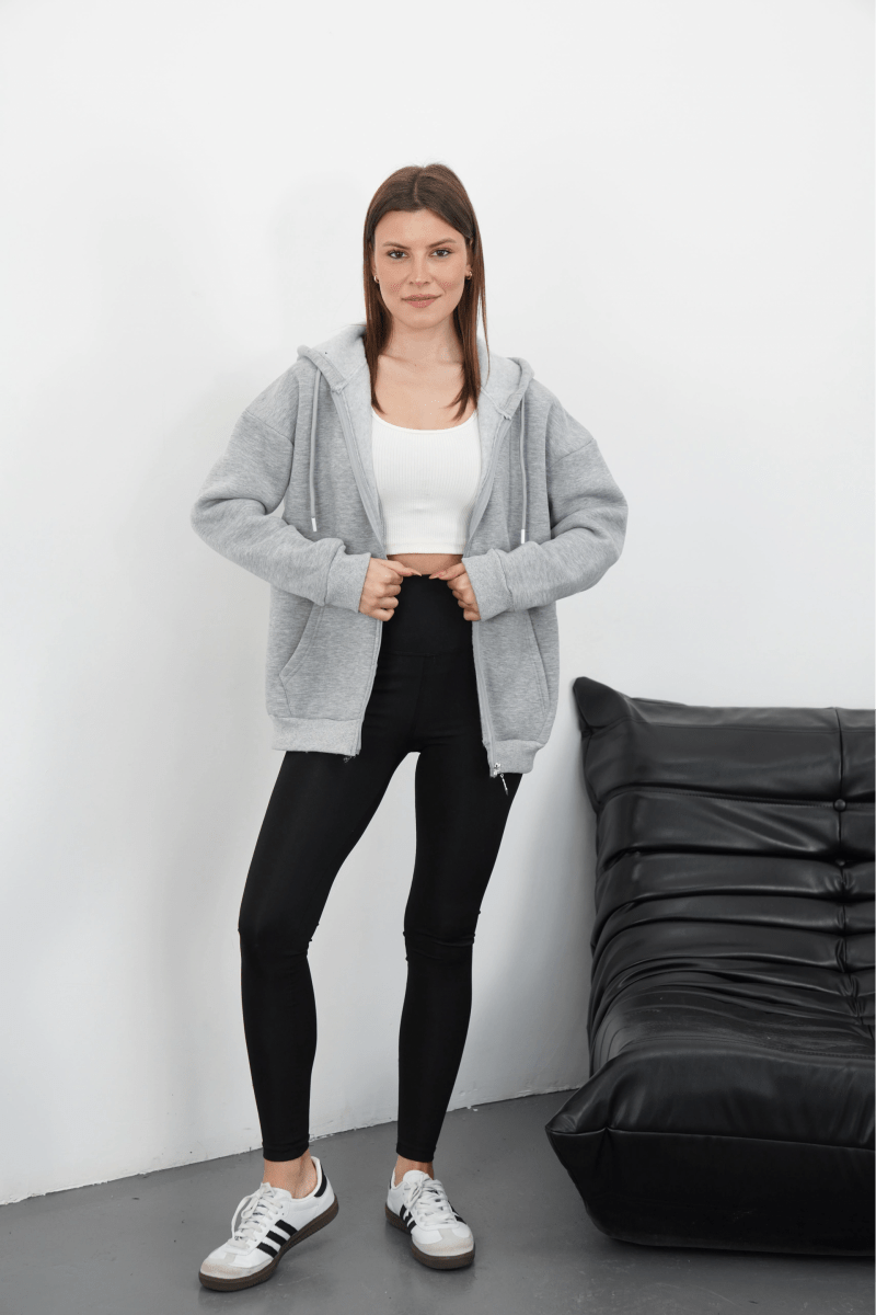 3 iplik şardonlu fermuarlı kapşonlu hırka - ÖZER&HERMİN