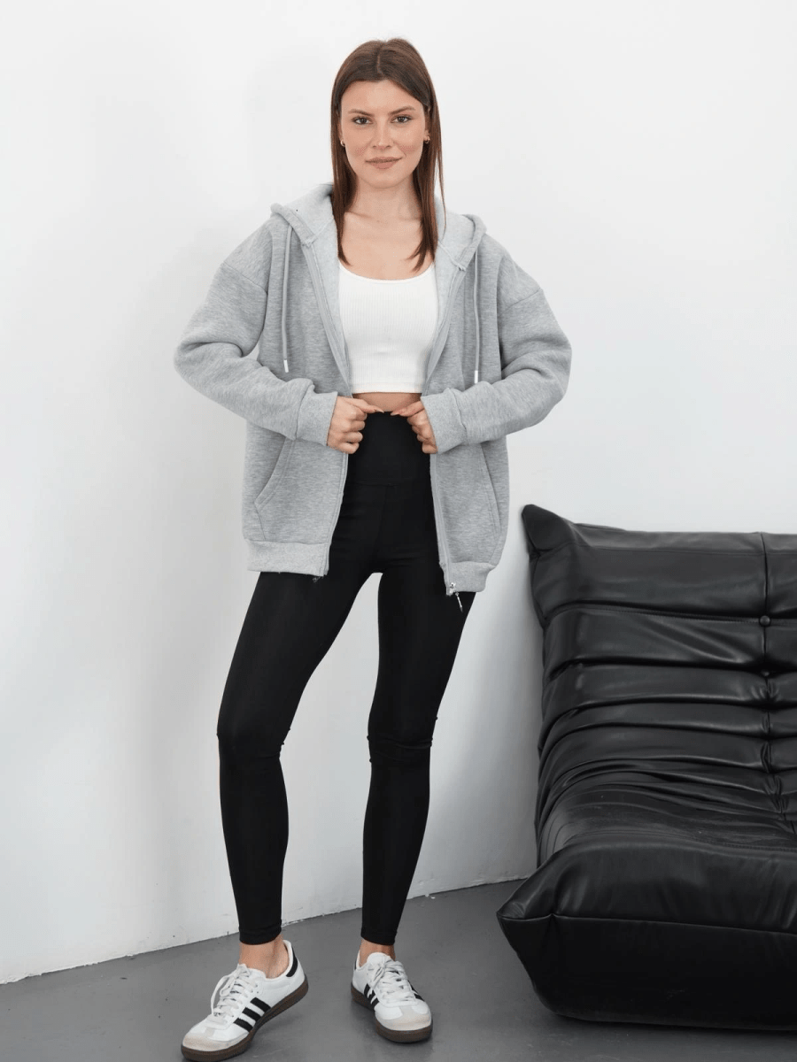 3 iplik şardonlu fermuarlı kapşonlu hırka - ÖZER&HERMİN