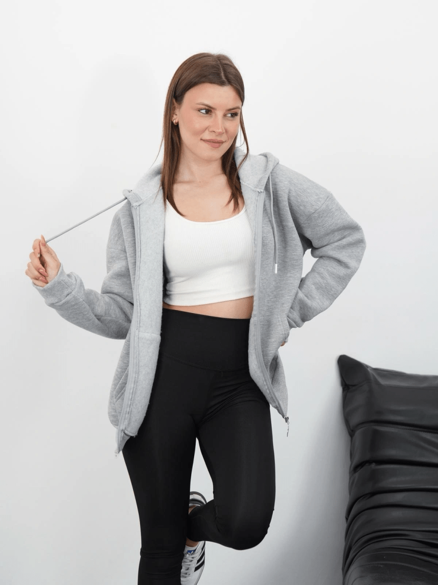 3 iplik şardonlu fermuarlı kapşonlu hırka - ÖZER&HERMİN