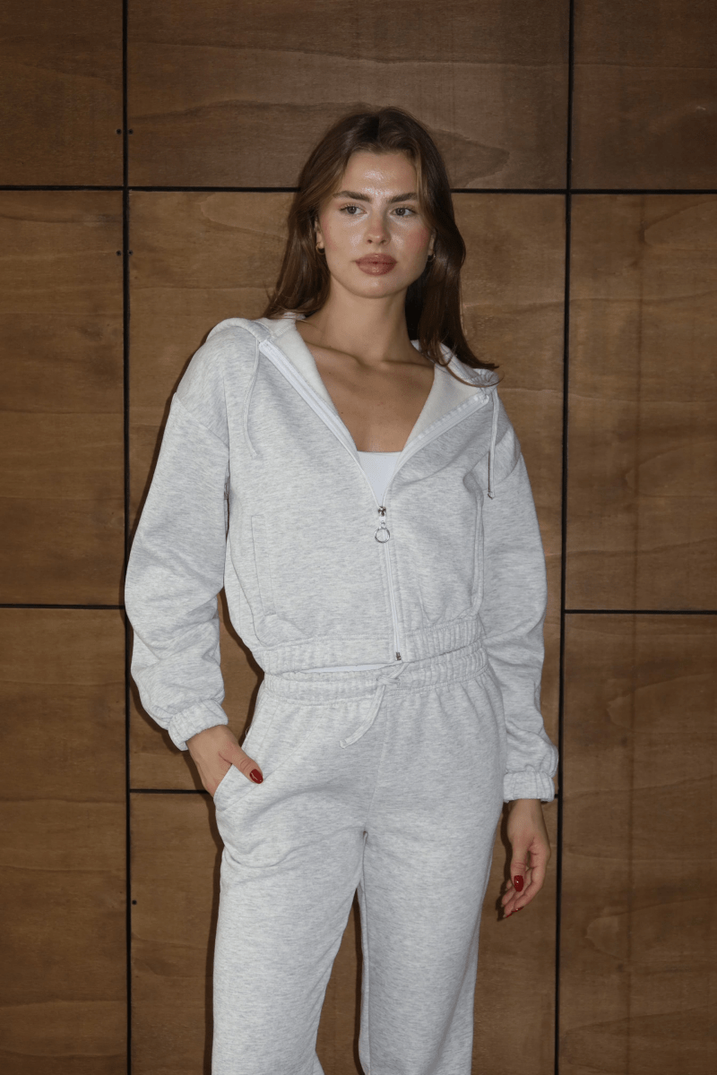 3 iplik şardonlu Kapşonlu fermuarlı kısa üst - ÖZER&HERMİN