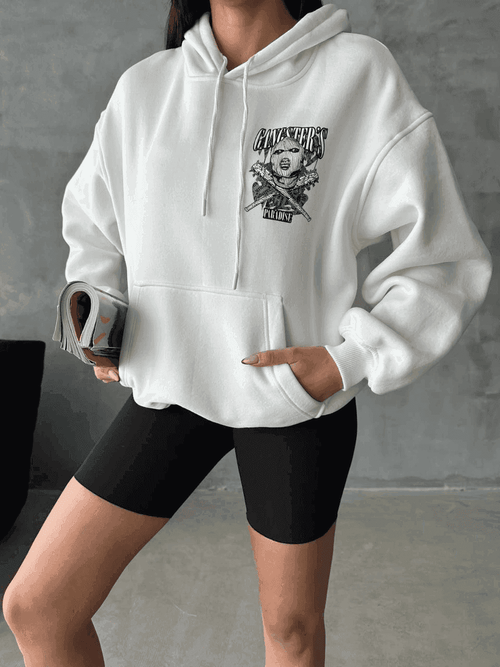 3 iplik şardonlu oversize compact kafa baskılı sweat beyaz - Özer&Hermin