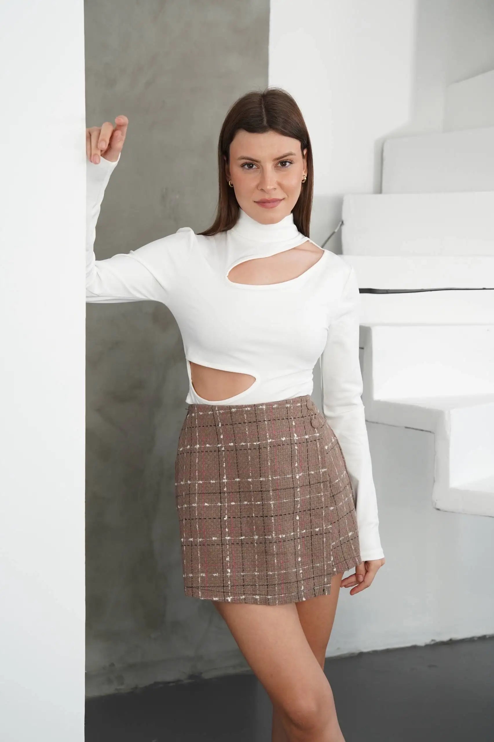 İki düğmeli şort etek vizon h26414