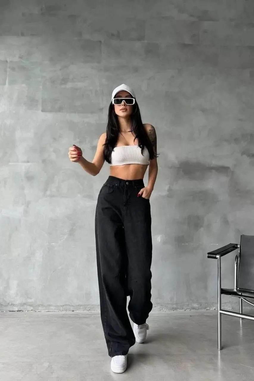 Arkadan tokalı jeans pantolon Siyah - Özer&Hermin