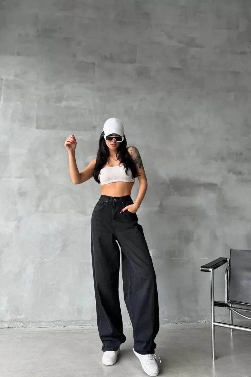 Arkadan tokalı jeans pantolon Siyah - Özer&Hermin