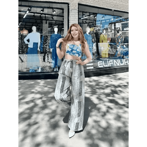 Baskili Keten Pantolon - Şık ve Rahat Bağcıklı Tasarım - ÖZER&HERMİN