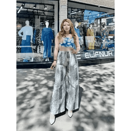 Baskili Keten Pantolon - Şık ve Rahat Bağcıklı Tasarım - ÖZER&HERMİN