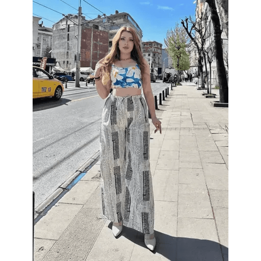 Baskili Keten Pantolon - Şık ve Rahat Bağcıklı Tasarım - ÖZER&HERMİN