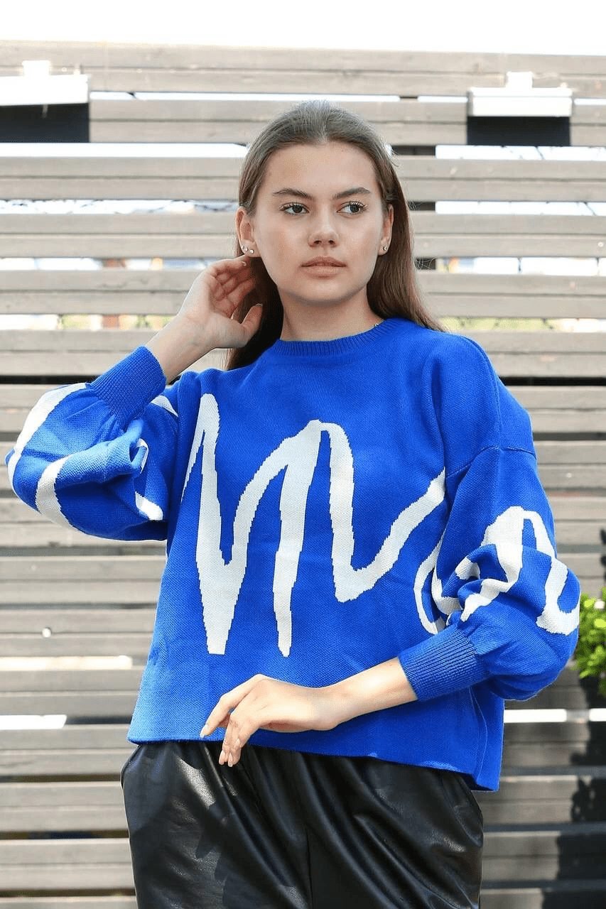 Beyaz Cizgili Kazak - Şık Bisiklet Yaka Tasarım - ÖZER&HERMİN