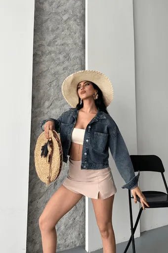 Cift Cepli Crop Kot Ceket - Katlamalı Süper Taş Enzim Yıkama - ÖZER&HERMİN