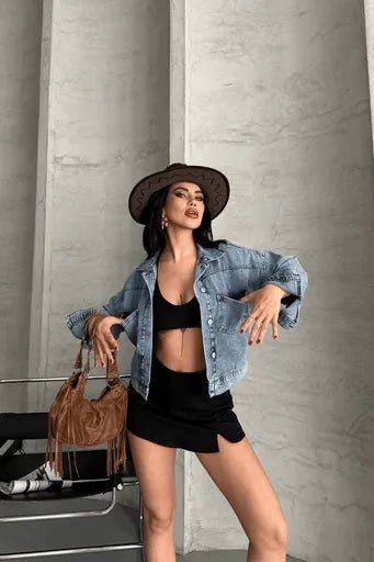 Cift Cepli Crop Kot Ceket - Katlamalı Süper Taş Enzim Yıkama - ÖZER&HERMİN