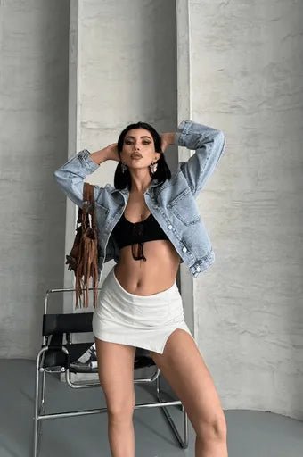 Cift Cepli Crop Kot Ceket - Katlamalı Süper Taş Enzim Yıkama - ÖZER&HERMİN