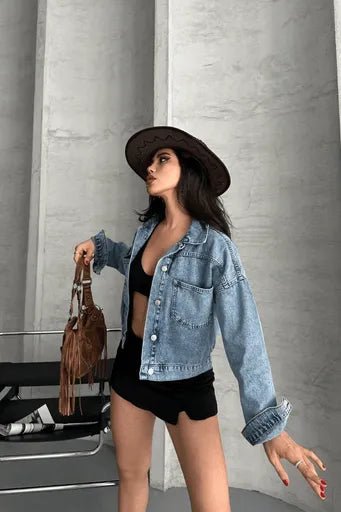 Cift Cepli Crop Kot Ceket - Katlamalı Süper Taş Enzim Yıkama - ÖZER&HERMİN