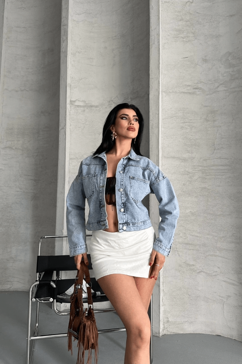 Cift Cepli Crop Kot Ceket - Katlamalı Süper Taş Enzim Yıkama - ÖZER&HERMİN