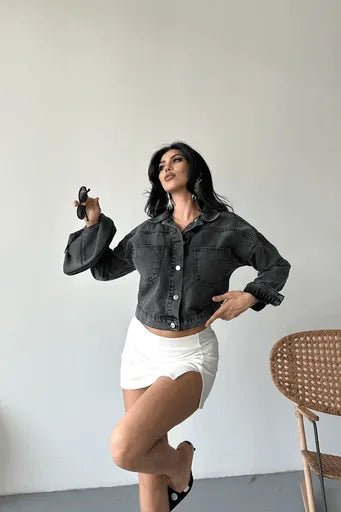 Cift Cepli Crop Kot Ceket - Katlamalı Süper Taş Enzim Yıkama - ÖZER&HERMİN