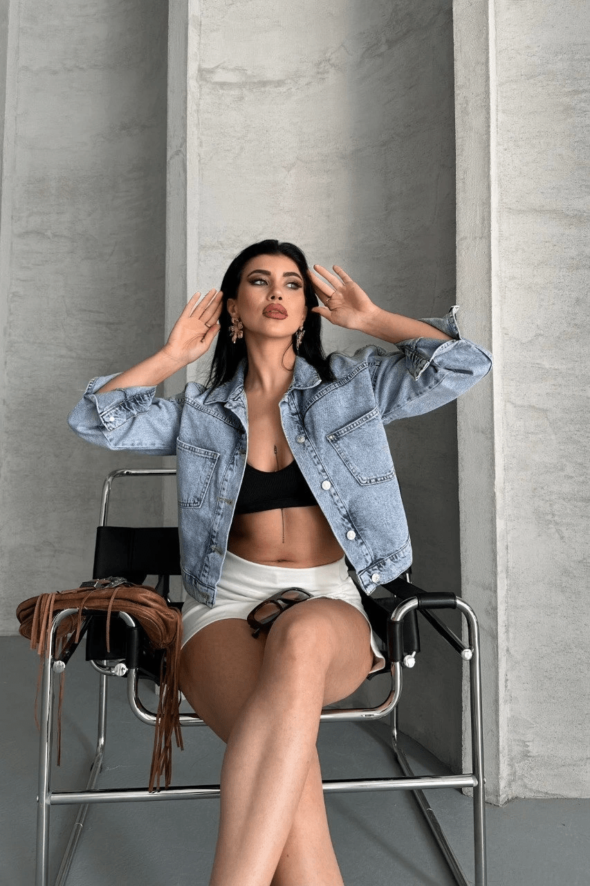 Cift Cepli Crop Kot Ceket - Katlamalı Süper Taş Enzim Yıkama - ÖZER&HERMİN