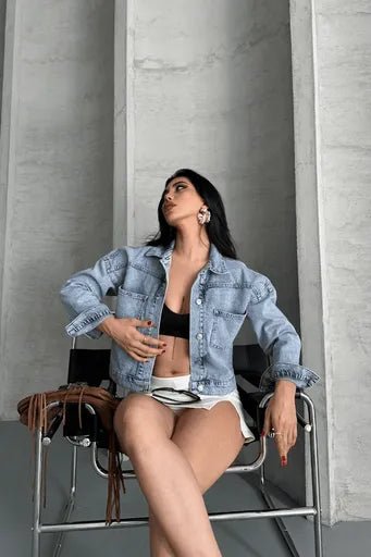 Cift Cepli Crop Kot Ceket - Katlamalı Süper Taş Enzim Yıkama - ÖZER&HERMİN