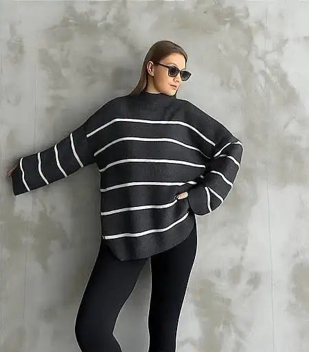 Çizgili ispanyol kol triko boğazlı kazak antrasit elf