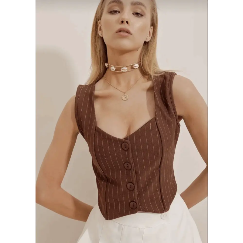 Çizgili krep düğmeli yelek - Özer&Hermin