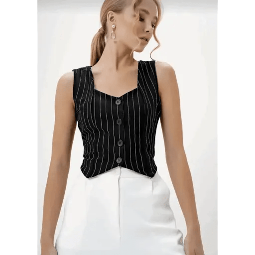 Cizgili Krep Yelek - Şık ve Rahat Düğmeli Seçim - ÖZER&HERMİN