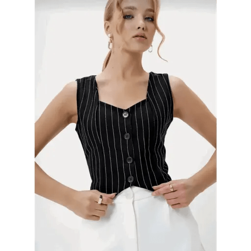 Cizgili Krep Yelek - Şık ve Rahat Düğmeli Seçim - ÖZER&HERMİN