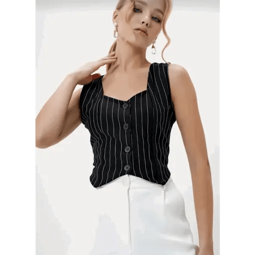 Cizgili Krep Yelek - Şık ve Rahat Düğmeli Seçim - ÖZER&HERMİN