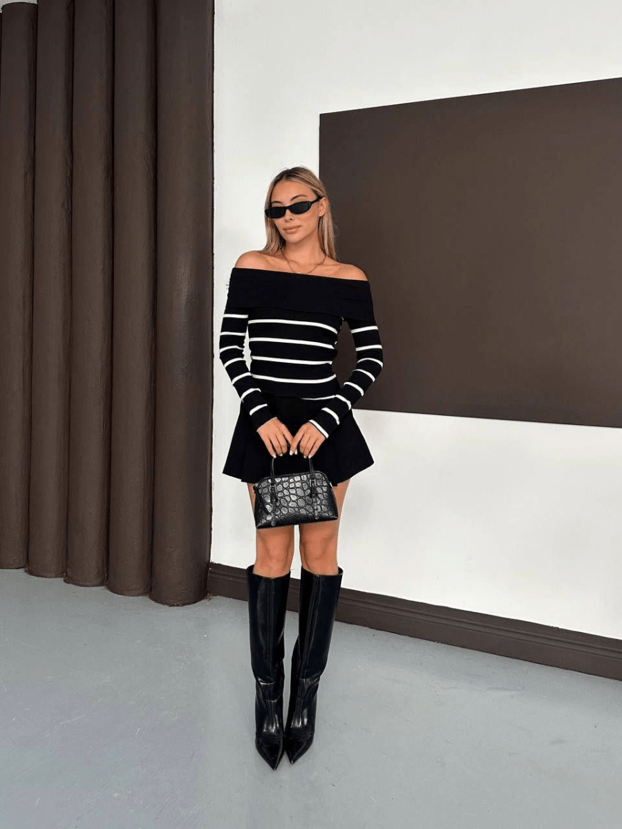 Çizgili madonna yaka kaşkorse bluz - ÖZER&HERMİN