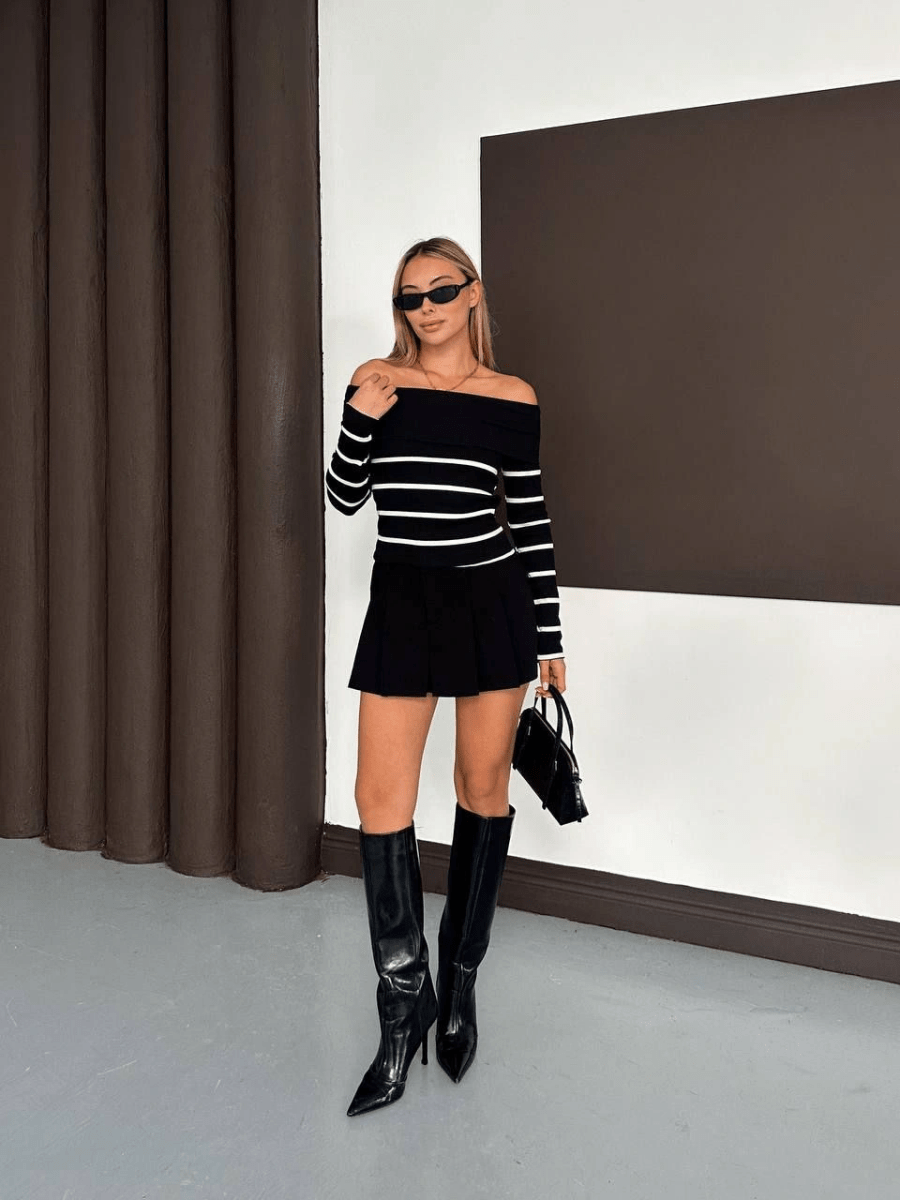 Çizgili madonna yaka kaşkorse bluz - ÖZER&HERMİN