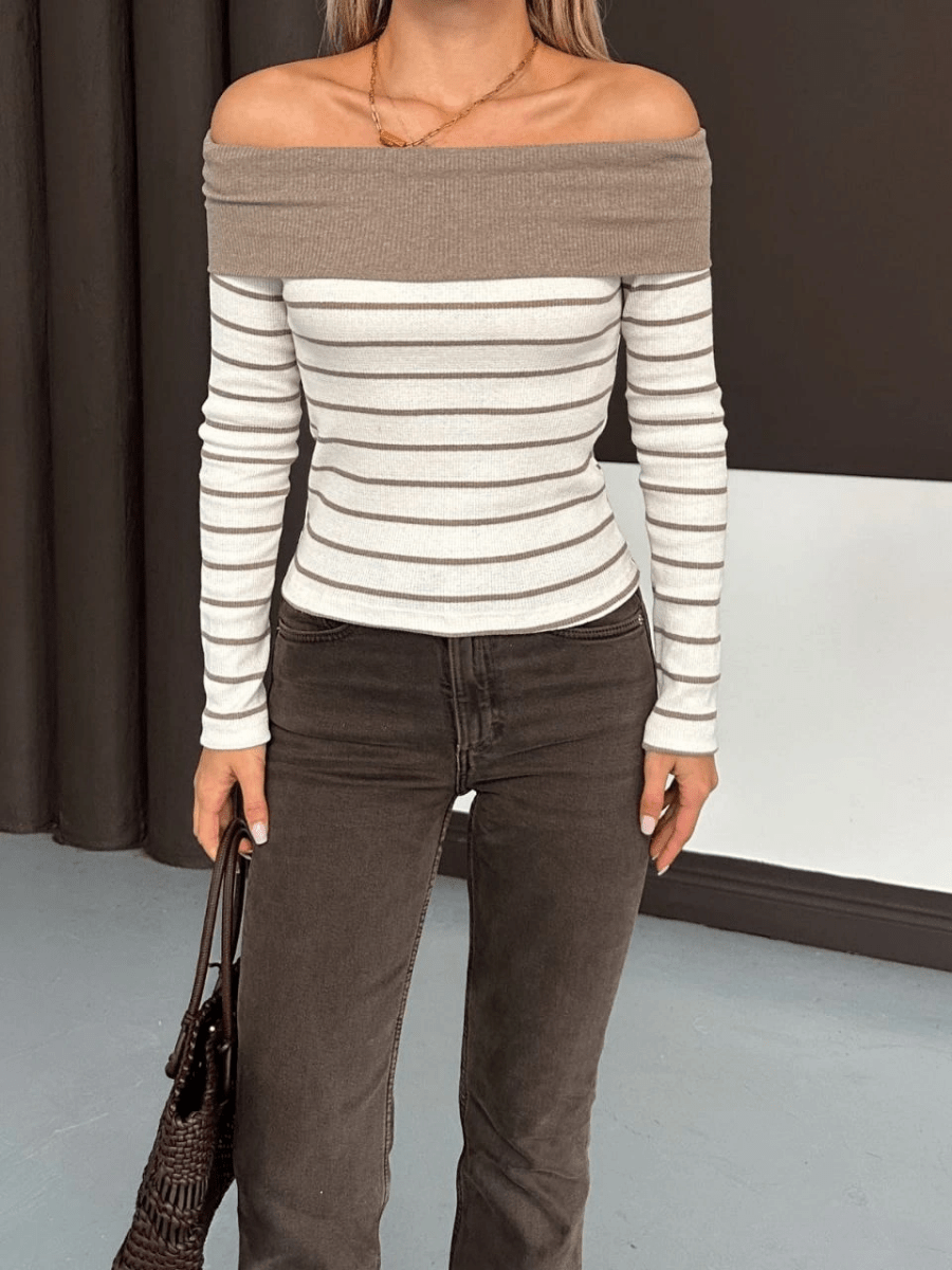 Çizgili madonna yaka kaşkorse bluz - ÖZER&HERMİN