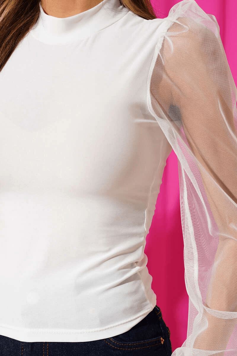 Dik yaka tül kollu bluz beyaz t3066 - Özer&Hermin