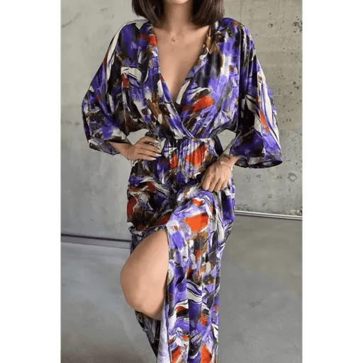 Dokuma Baskılı Yarasa Kol Elbise - Şık ve Konforlu Tasarım - ÖZER&HERMİN