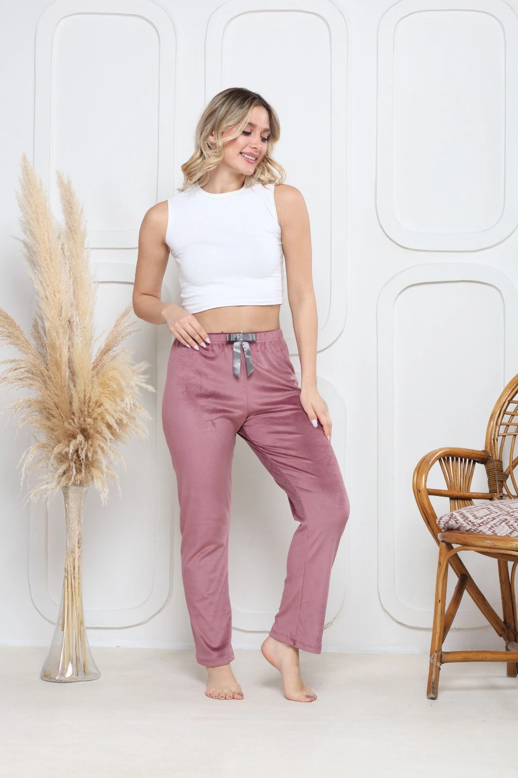 Kadife pijama altı pembe q7013