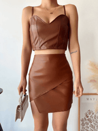 Kapaklı asimetrik model deri etek kahve s240106 - Özer&Hermin
