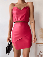 Kapaklı asimetrik model deri etek pembe s240106 - Özer&Hermin
