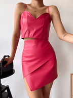 Kapaklı asimetrik model deri etek pembe s240106 - Özer&Hermin