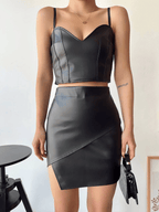 Kapaklı asimetrik model deri etek siyah s240106 - Özer&Hermin