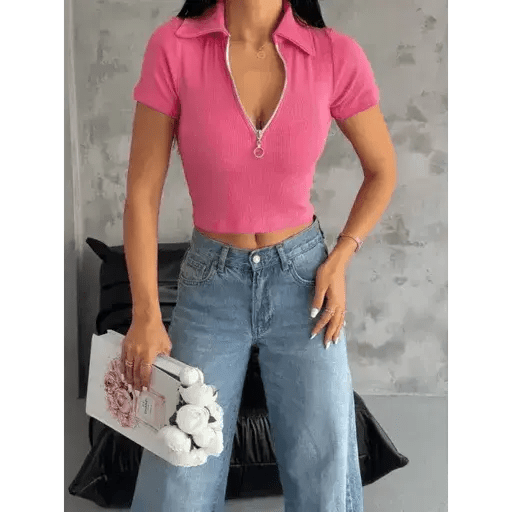 Kaşkorse Yaka Fermuarlı Bluz Fuşya - Şıklığınızı Tamamlayın! - ÖZER&HERMİN