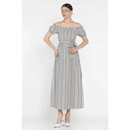 Madonna Yaka Kısa Keten Elbise - Midi Yırtmaçlı ve Kuşaklı Tasarım - ÖZER&HERMİN