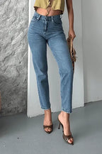 Mom fit kar yıkama bıyık detaylı jeans pantolon - Özer&Hermin