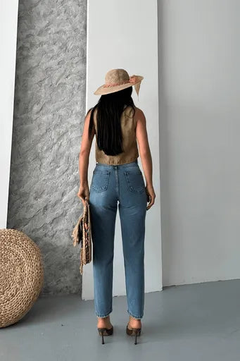 Mom fit kar yıkama bıyık detaylı jeans pantolon - Özer&Hermin