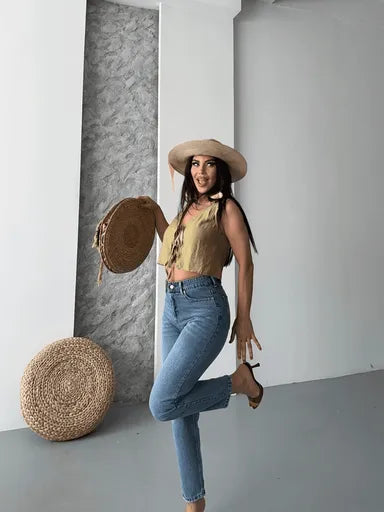 Mom fit kar yıkama bıyık detaylı jeans pantolon - Özer&Hermin