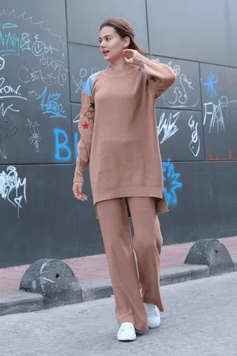 Omuz detayli triko takim - Kol Nakışlı İkili Alt Üst Modelleri - ÖZER&HERMİN