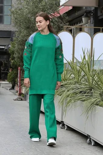 Omuz detayli triko takim - Kol Nakışlı İkili Alt Üst Modelleri - ÖZER&HERMİN