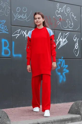 Omuz detayli triko takim - Kol Nakışlı İkili Alt Üst Modelleri - ÖZER&HERMİN