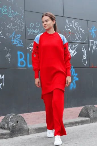 Omuz detayli triko takim - Kol Nakışlı İkili Alt Üst Modelleri - ÖZER&HERMİN