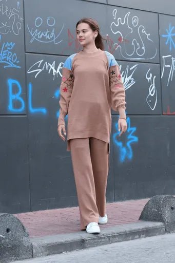 Omuz detayli triko takim - Kol Nakışlı İkili Alt Üst Modelleri - ÖZER&HERMİN