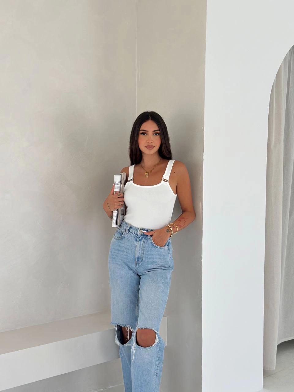 Ottoman toka askılı bluz beyaz s4194