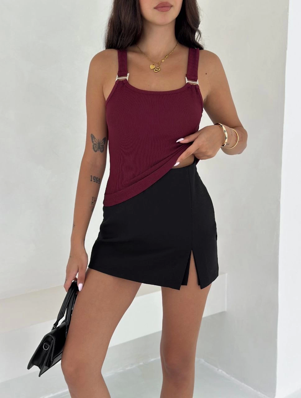 Ottoman toka askılı bluz bordo s4194