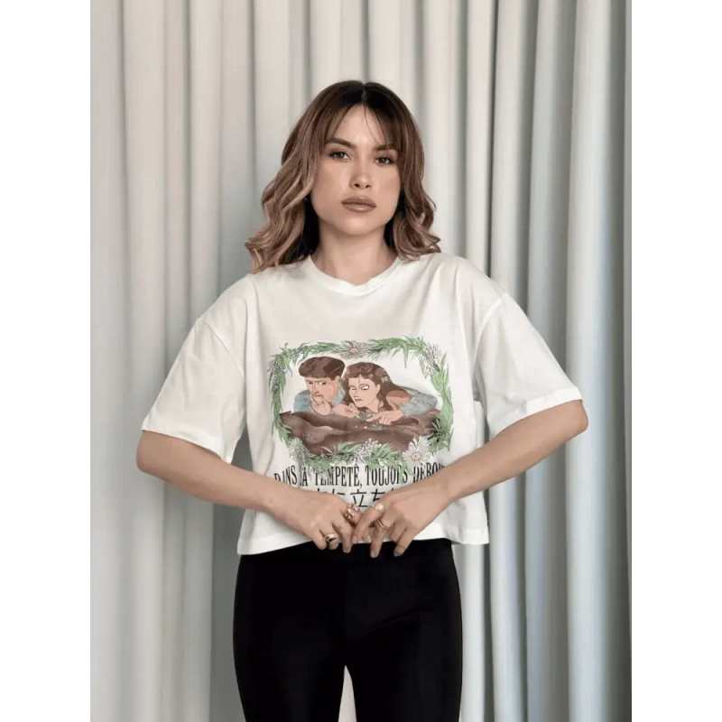 Oversize Beyaz baskılı crop tişört - Özer&Hermin