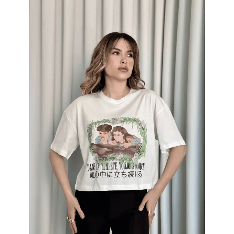 Oversize Beyaz baskılı crop tişört - Özer&Hermin